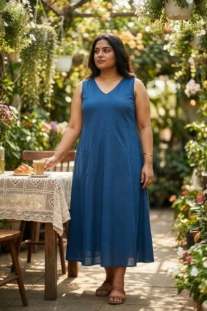 Plus Size Blue Cotton Lurex Maxi Dress for Women – Sleeveless A-Line Dress