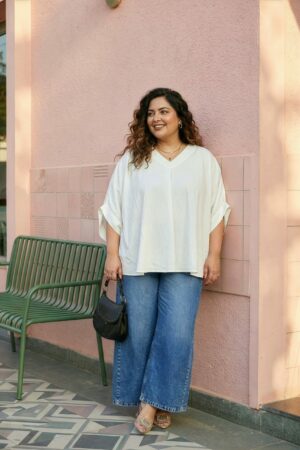 Plus Size Natural White Modal Blend Top – Anti Fit V-Neck Relaxed Everyday Top for Women