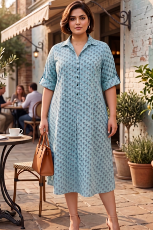 Plus Size Cotton Shirt Dress for Women – Blue Printed Midi Dress with Collar