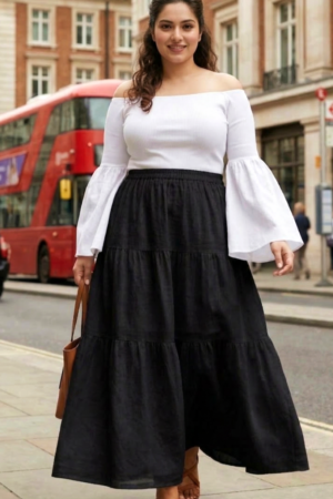 Plus Size Black Rayon Tiered Maxi Skirt for Women – Elegant Flowy Casual Skirt