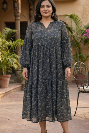 Blue Floral Printed Viscose Georgette Midi Dress