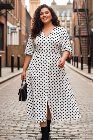 Plus Size Crepe Polka Dot Midi Dress – Elegant V-Neck Button Front Dress