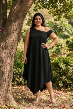Plus Size Black Midi Dress – One Shoulder Solid Rayon Dress for Women