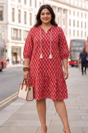 Plus Size Red Printed Cotton Tiered Dress | Casual Summer Comfort Dress for Women