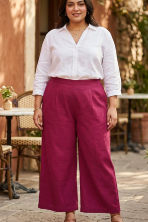 Plus Size Wine Cotton Wide Leg Pants for Women – Comfortable Casual Bottom Wear