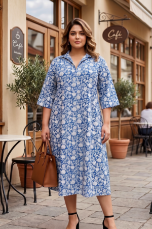 Plus Size Cotton Floral Midi Dress for Women – Blue Printed A-Line Dress