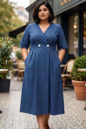 Plus Size Cotton Front Open Midi Dress – Polka Dot V-Neck A-Line Dress (Navy Blue)