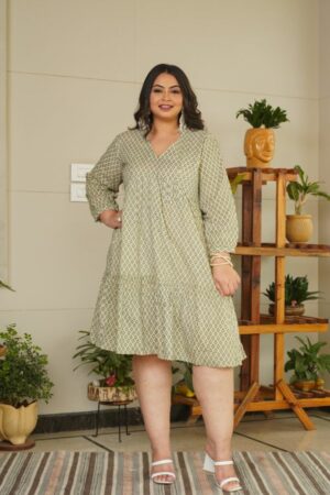 Green V Neck Tiered Short Cotton Dress