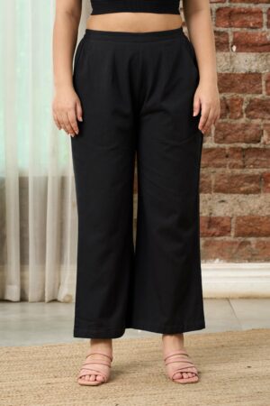 BLACK LINEN MID-RISE RELAXED FIT PANTS
