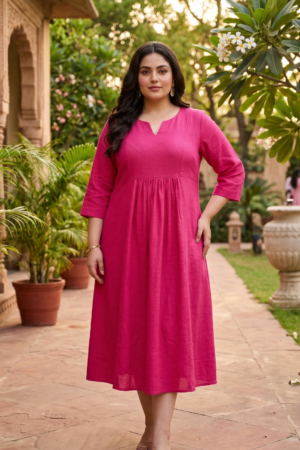 Plus Size Solid Pink Linen Dress – Minimal Everyday Comfort Fit