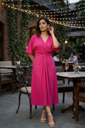Regular Hot Pink Front Knot V-Neck Dress