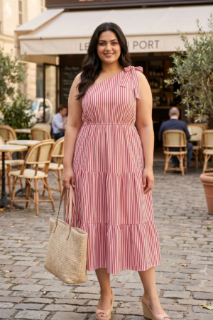 Plus Size Red & White Striped Cotton One Shoulder Dress for Women | Tiered Midi Dress