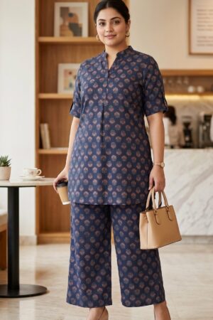 Booti Print Classic Blue Collared Co-Ord Set