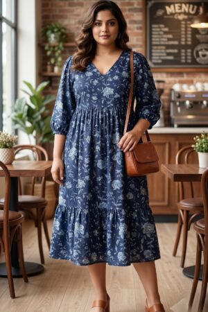 Navy Blue Floral Tiered Dress